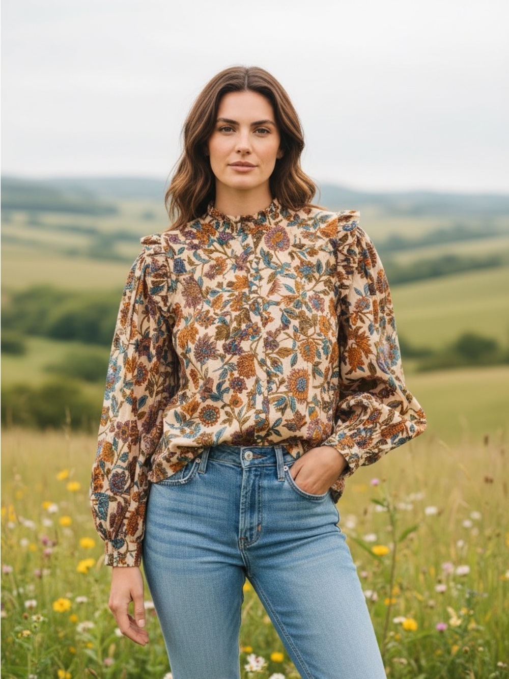 NWT Love The Label Cheyna Ivory Floral Ruffle Boho Blouse Size Small